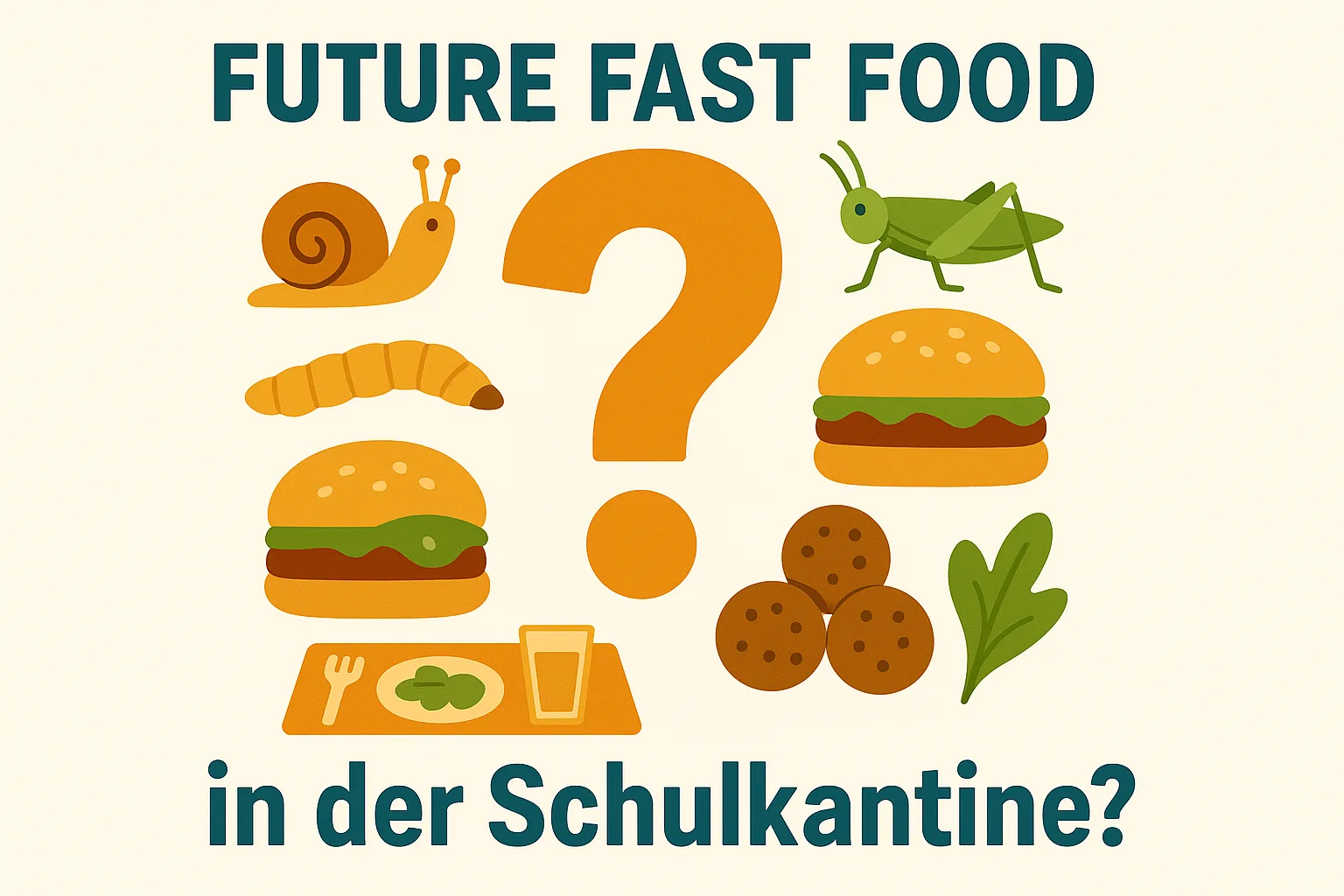 Junge Menschen essen gesunde, innovative Gerichte in einer modernen Schulkantine, symbolisiert durch Schnecken oder Insekten.