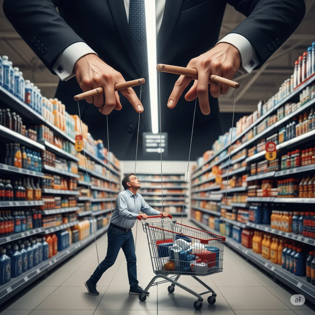 Ein Konsument im Supermarkt wird wie eine Marionette von riesigen Konzern-Händen gesteuert. Symbolbild für die Manipulation der Verbraucher durch die Lebensmittelindustrie.