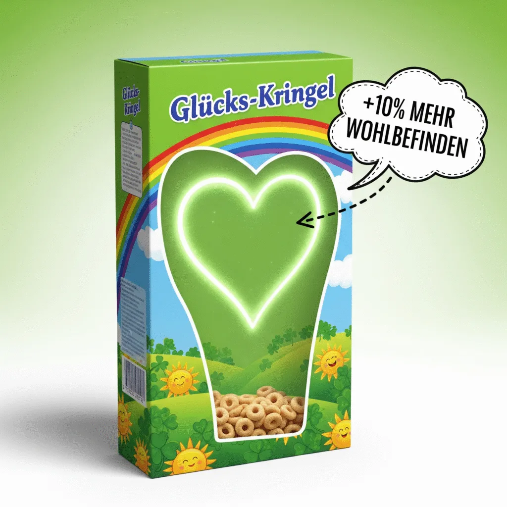 Illustration einer fiktiven Müsli-Packung namens "Glücks-Kringel". Die Packung ist halb leer, doch der leere Raum durch Shrinkflation formt ein leuchtendes, grünes Herz als Symbol für den Gewinn an Wohlbefinden und Gesundheit.