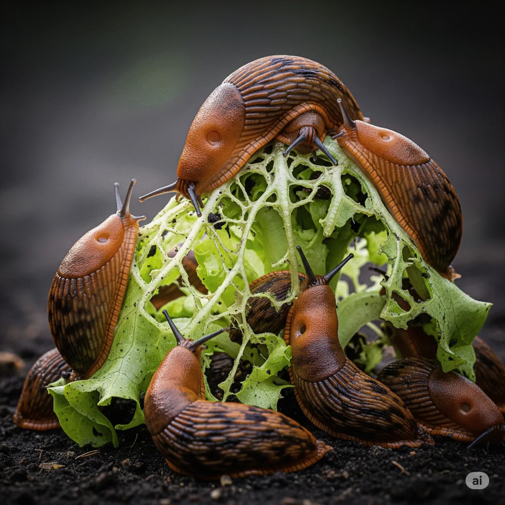 Eine Schneckenplage im Garten: Mehrere große Spanische Wegschnecken fressen einen jungen Salatkopf komplett kahl und hinterlassen schwere Fraßschäden.