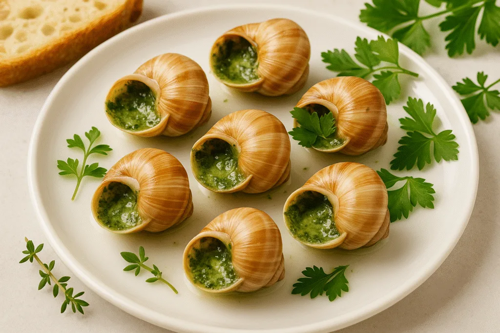 Elegantes Gourmetgericht: Escargots de Bourgogne in Knoblauch-Kräuterbutter, serviert auf weißem Teller mit frischen Kräutern und Brot.