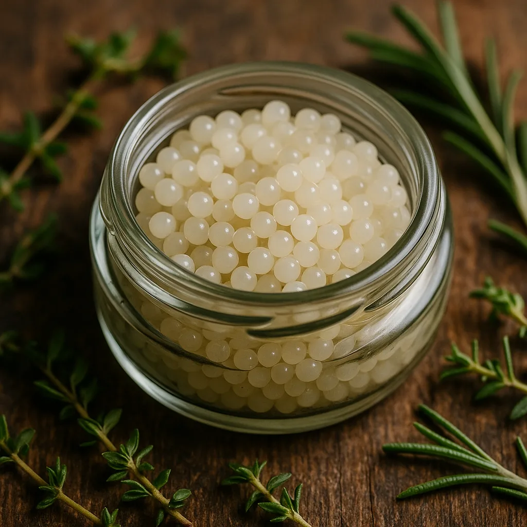 Makroaufnahme von weißem Schneckenkaviar in einem kleinen Glasgefäß, dekoriert mit Rosmarin und Thymian auf rustikalem Holztisch. Luxus-Delikatesse.