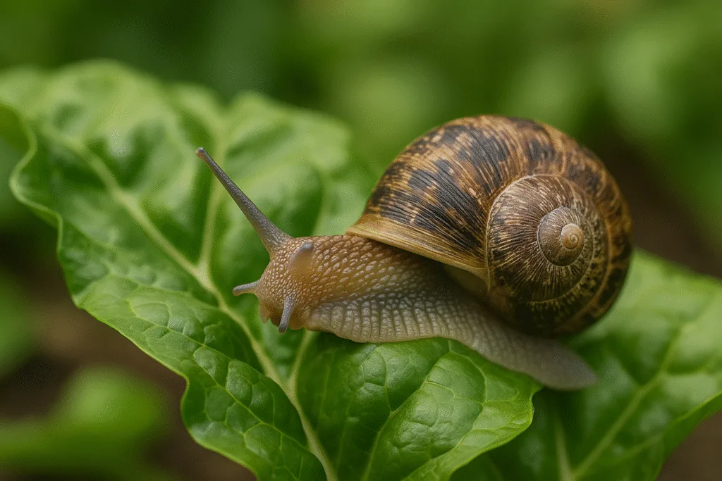 Makroaufnahme einer Helix aspersa Schnecke auf einem frischen grünen Mangoldblatt. Gartenatmosphäre mit weichem, natürlichem Hintergrund.