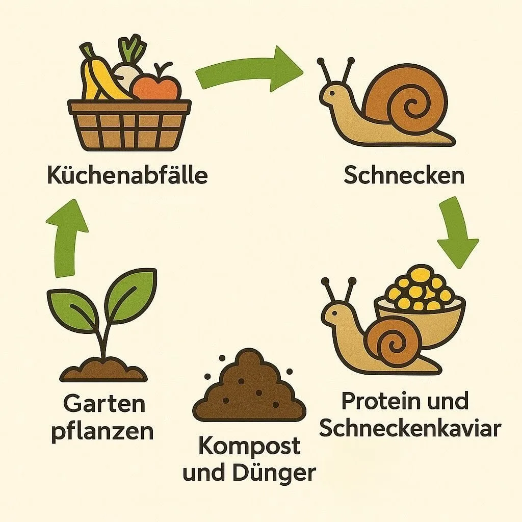 Minimalistische Infografik im Flat-Design zeigt den nachhaltigen Kreislauf einer Schneckenfarm: Küchenabfälle → Schnecken → Protein und Schneckenkaviar → Kompost und Dünger → Gartenpflanzen.