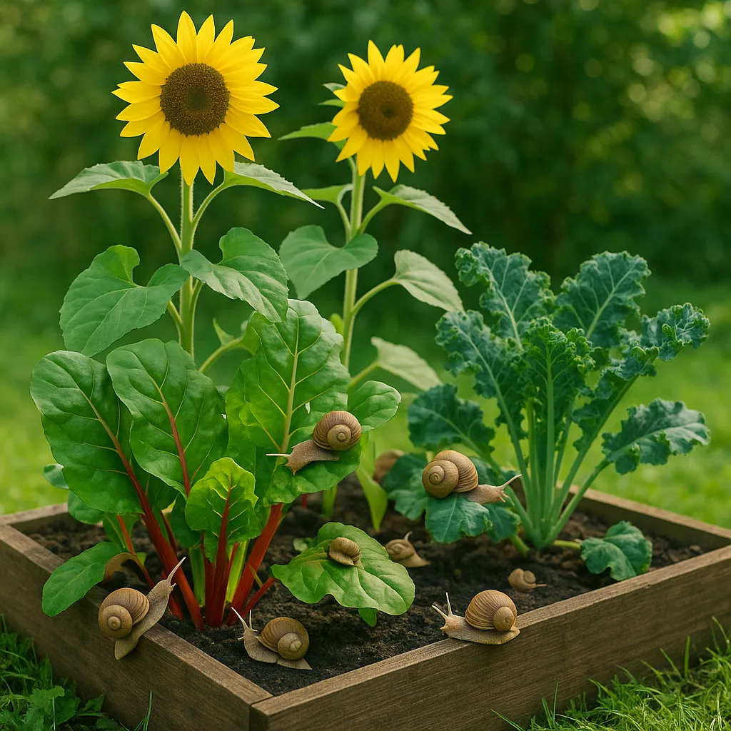 Realistische Fotografie eines kleinen Schneckenfarm-Beetes auf 2 m² mit Sonnenblumen, Mangold und Grünkohl. Mehrere Helix aspersa Schnecken kriechen auf den Blättern. Nachhaltige und friedliche Atmosphäre im Garten.