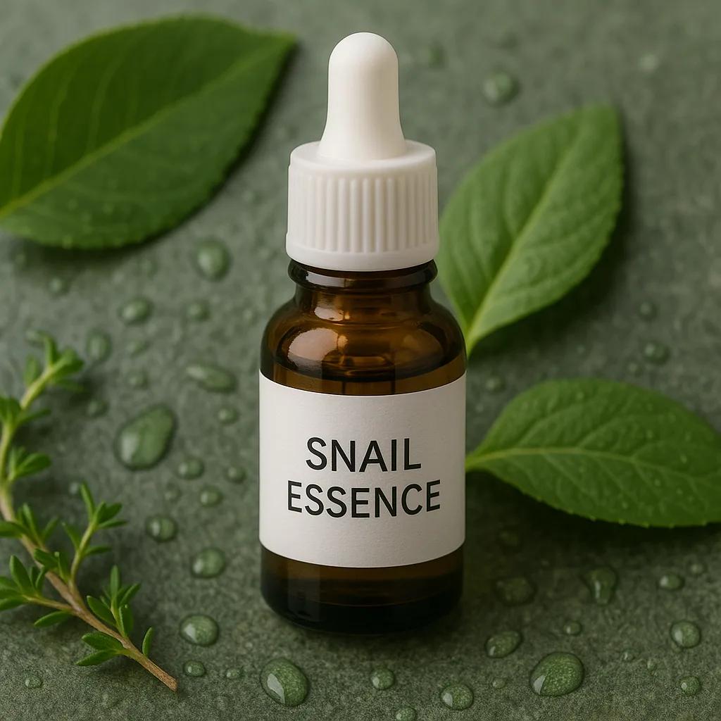 Kleines Glasfläschchen mit Etikett 'Snail Essence', umgeben von grünen Blättern und Wassertropfen. Minimalistische, natürliche Produktfotografie.
