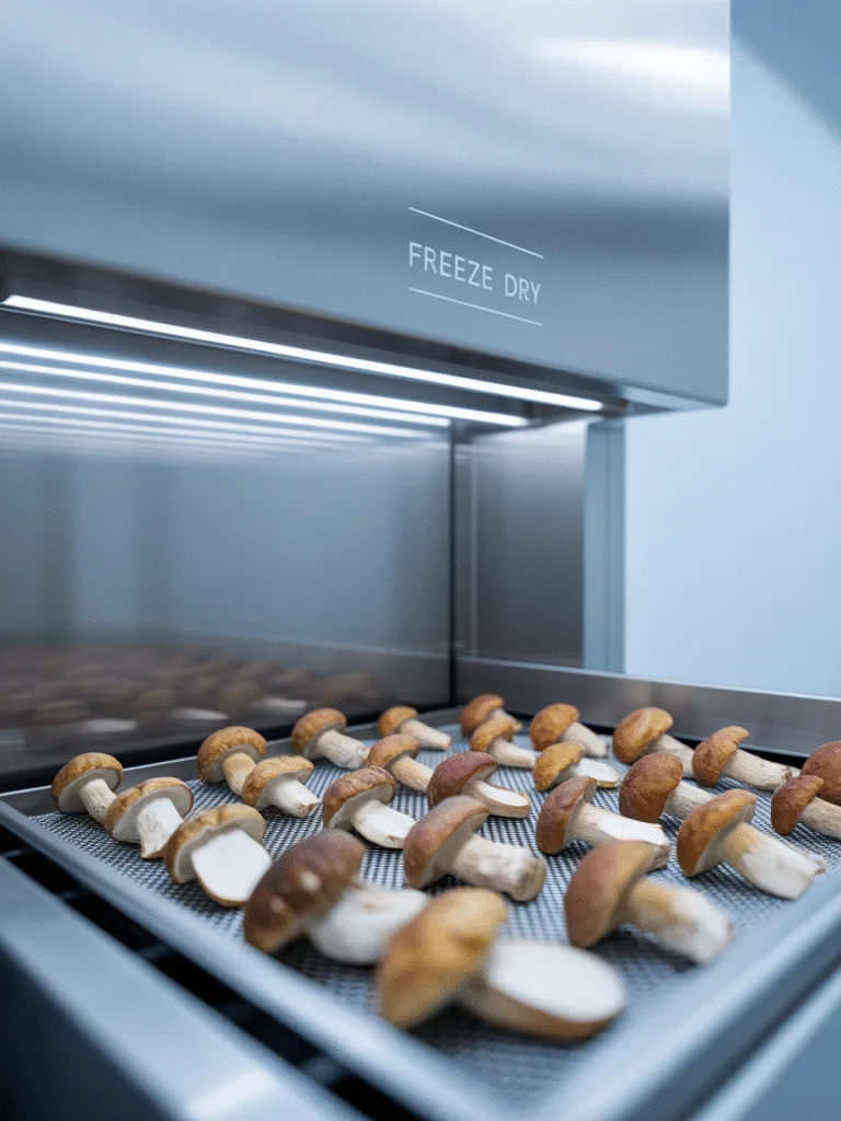 Gefriertrockner mit geöffnetem Fach und Pilzen in moderner Küche