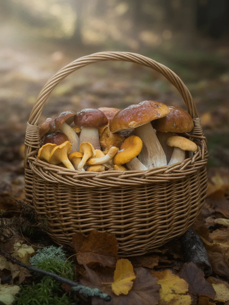 Ein Korb voller frisch gesammelter Waldpilze auf dem Waldboden im Herbst
