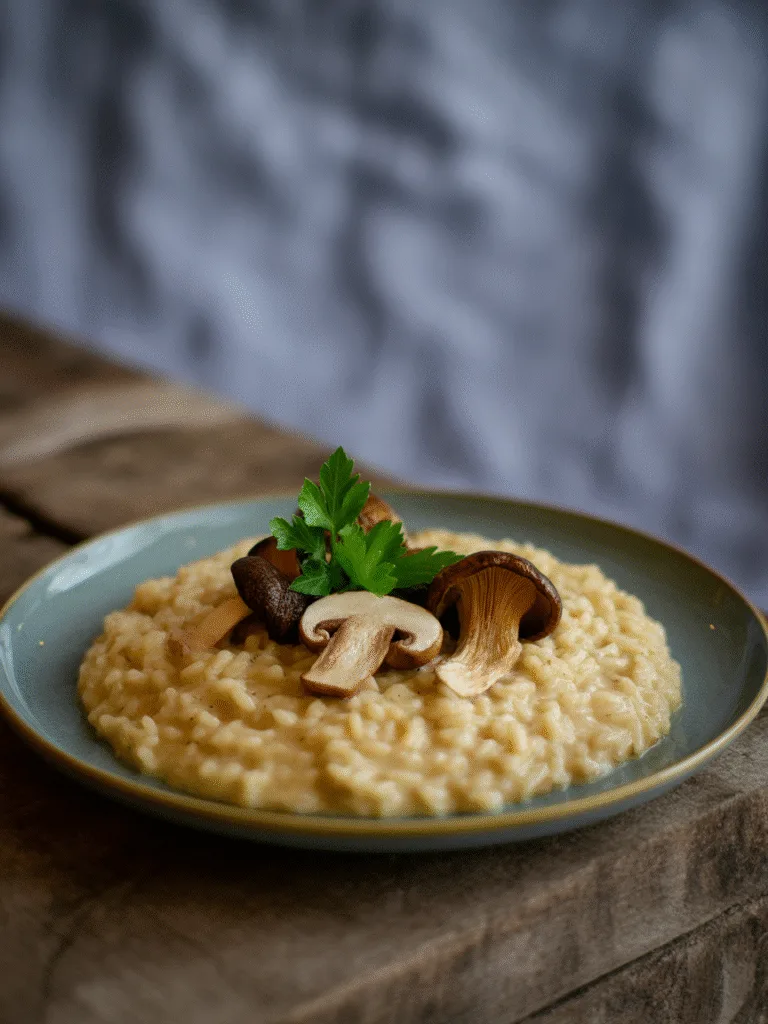 Cremiges Pilzrisotto mit frischen Kräutern auf Holztisch