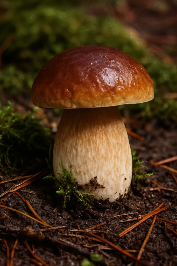 Ein frischer Steinpilz auf moosigem Waldboden in Nahaufnahme