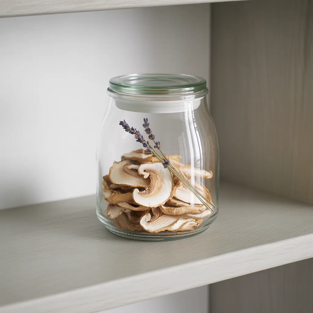 Glas mit gefriergetrockneten Pilzen in rustikaler Küche