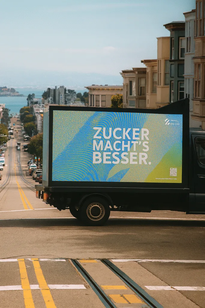 Werbetruck mit LED-Slogan „Zucker macht’s besser“ fährt durch San Francisco – steile Straße mit Blick auf die Bucht im Hintergrund